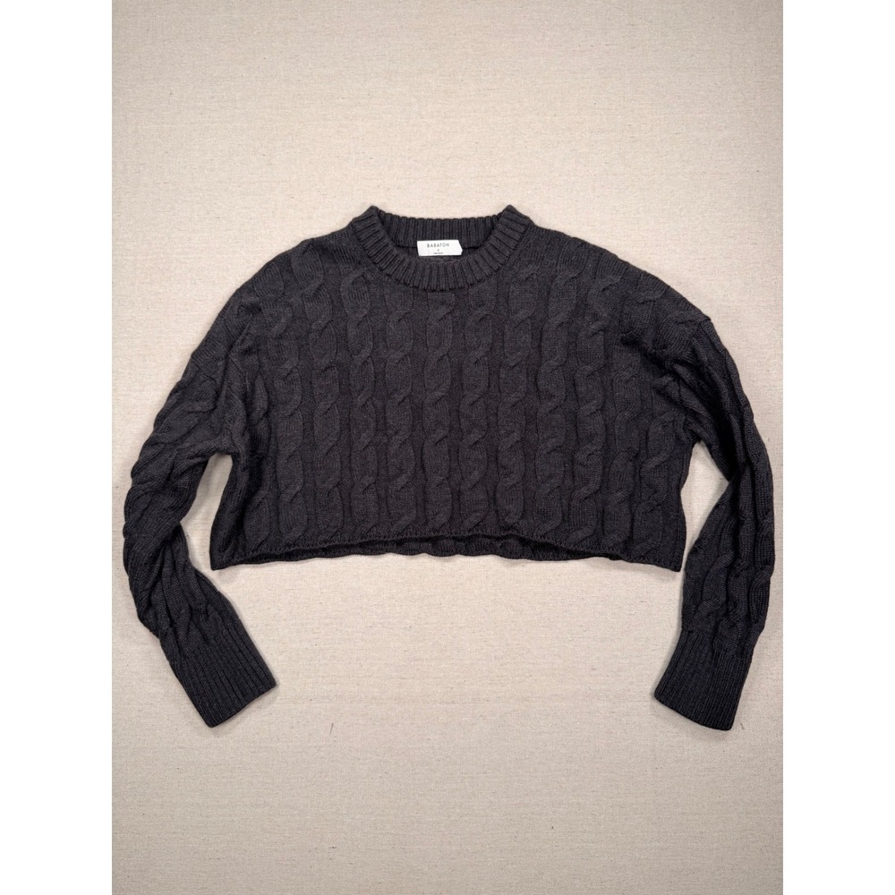 Babaton Aritzia Women Dark Grey 100% Wool Cable Knit Cropped Sweater Size S